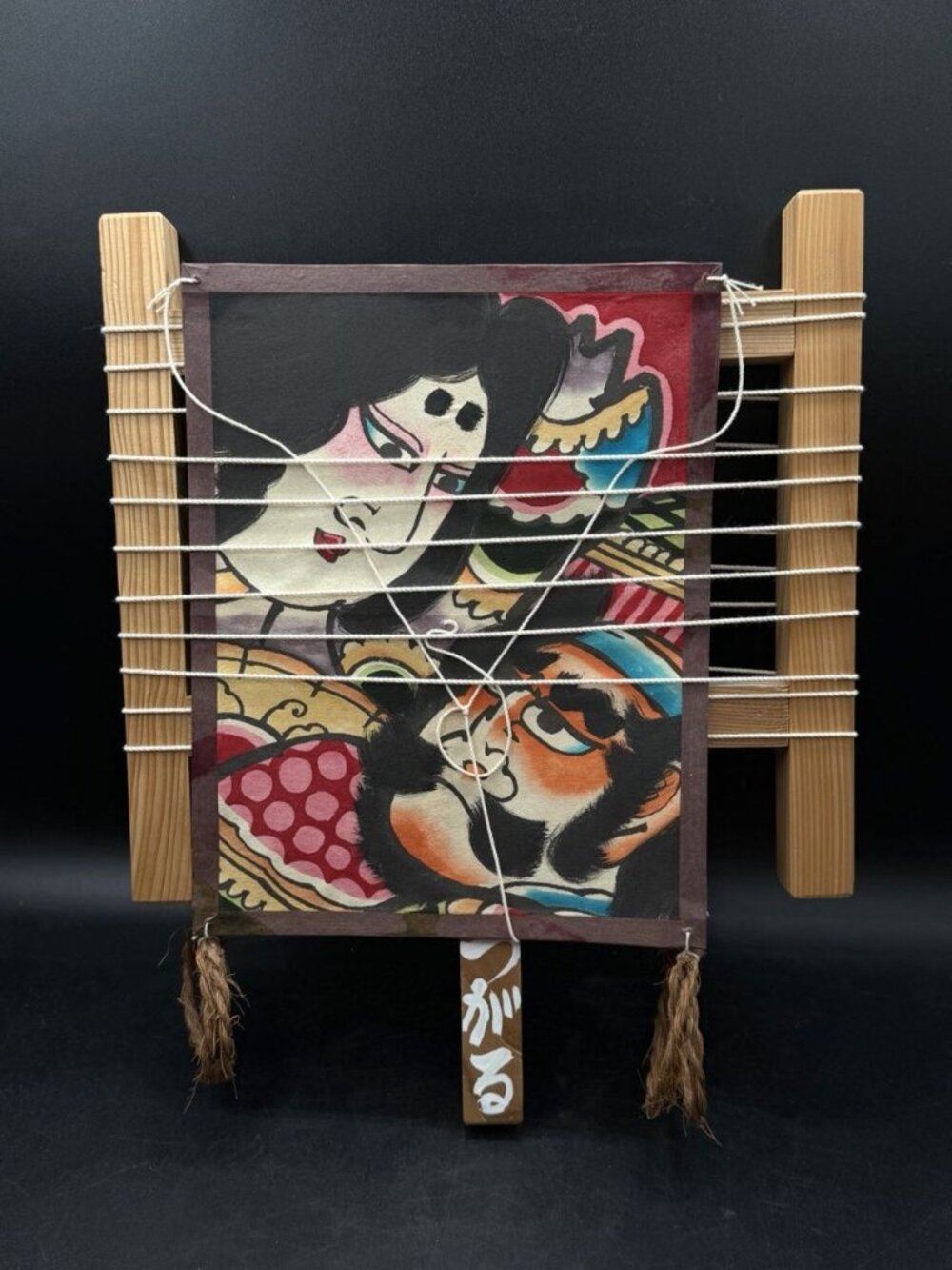 Ukiyoe Samurai Kite Picture Showa Wall Hanging Folk Art Wood Frame Japanese